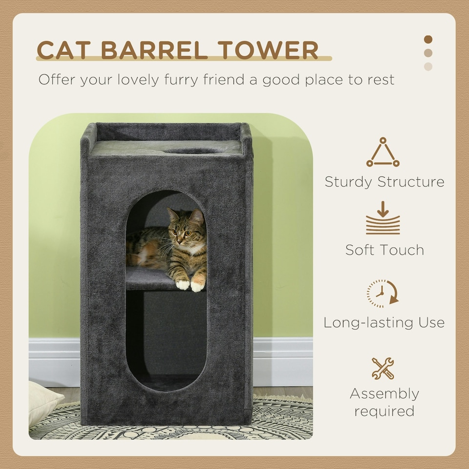 image 1 of PawHut 2-Tier Cat House with Scratching Pad Plush, 81cmH, Grey