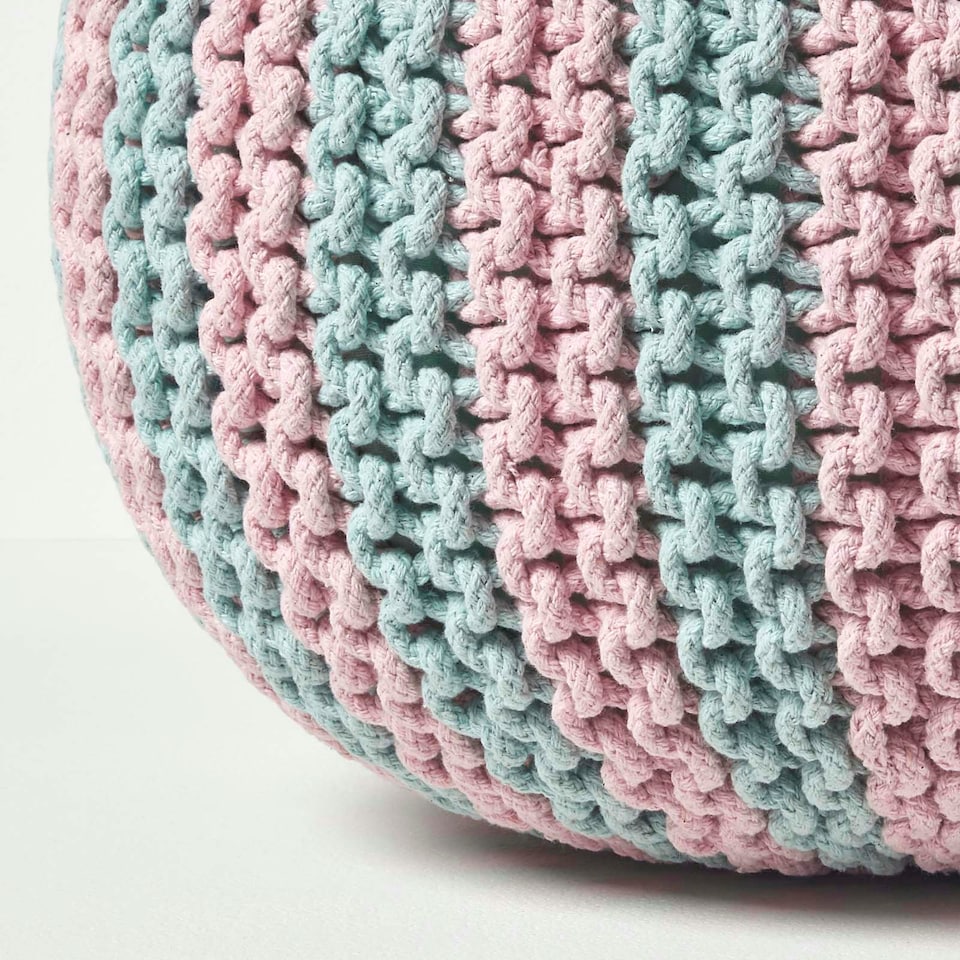 image 1 of Homescapes Pink and Blue Knitted Pouffe Striped Footstool - 35 x 40 cm