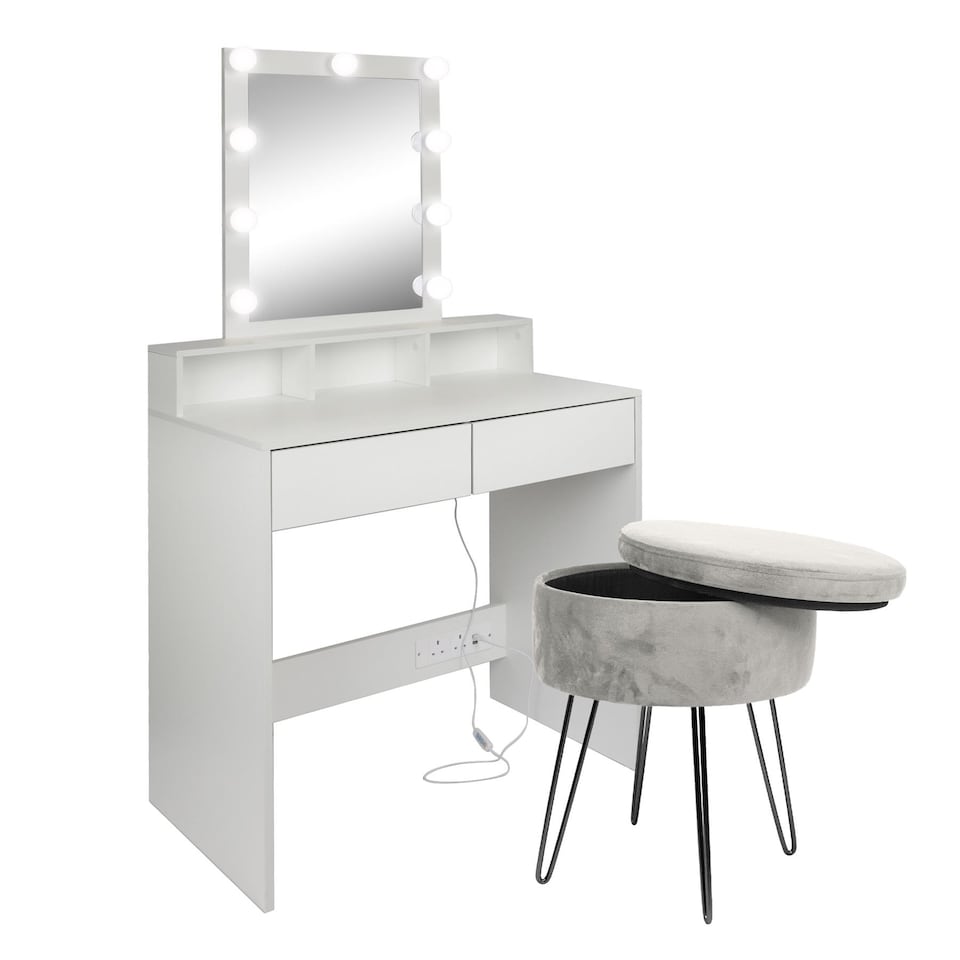 image 1 of Harbour Housewares Wooden Dressing Table Set with LED Lights & Grey Stool - White | White | White/Grey