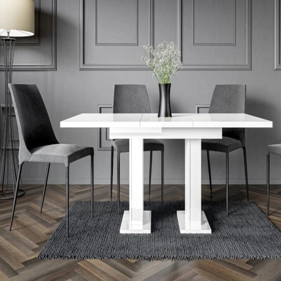 image 1 of Compact Dining Table Extendable 120-160cm White Gloss Extending Top Pillar Pedestal Leg 6-8 Seater - Gia Pro