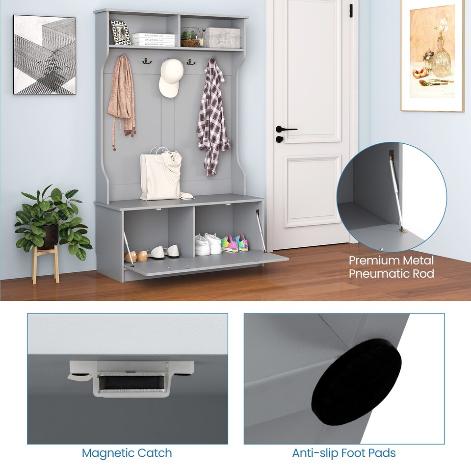 image 1 of COSTWAY 3 in 1 Freestanding Hall Coat Rack Stand Shoe Bench Grey