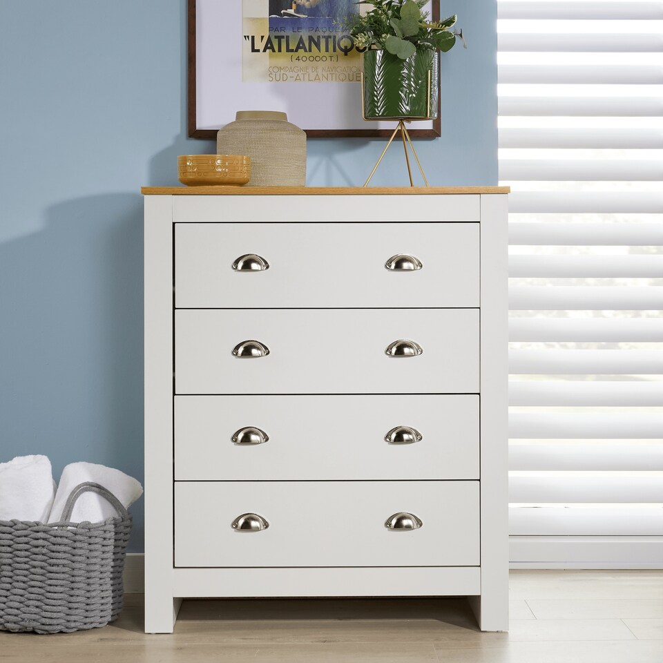 image 1 of Chest 4 Drawers Bedroom Furniture Oak Top Metal Handles | White