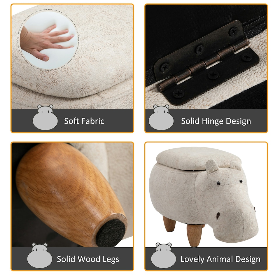 image 1 of HOMCOM Hippo Storage Stool Cute Decoration Footrest Wood Frame Legs Cream