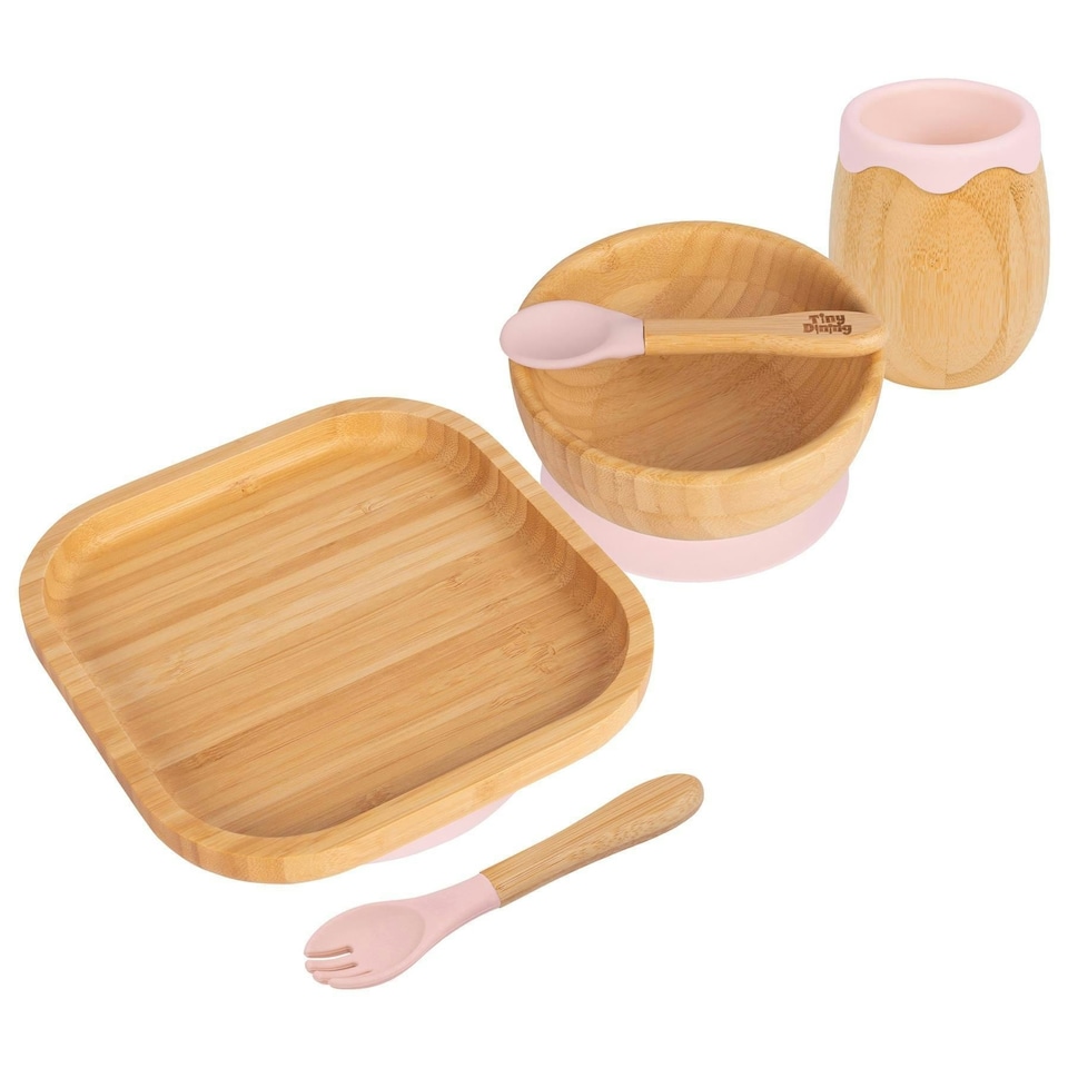 image 1 of Tiny Dining 5pc Bamboo Square Baby Weaning Set - Pastel Pink