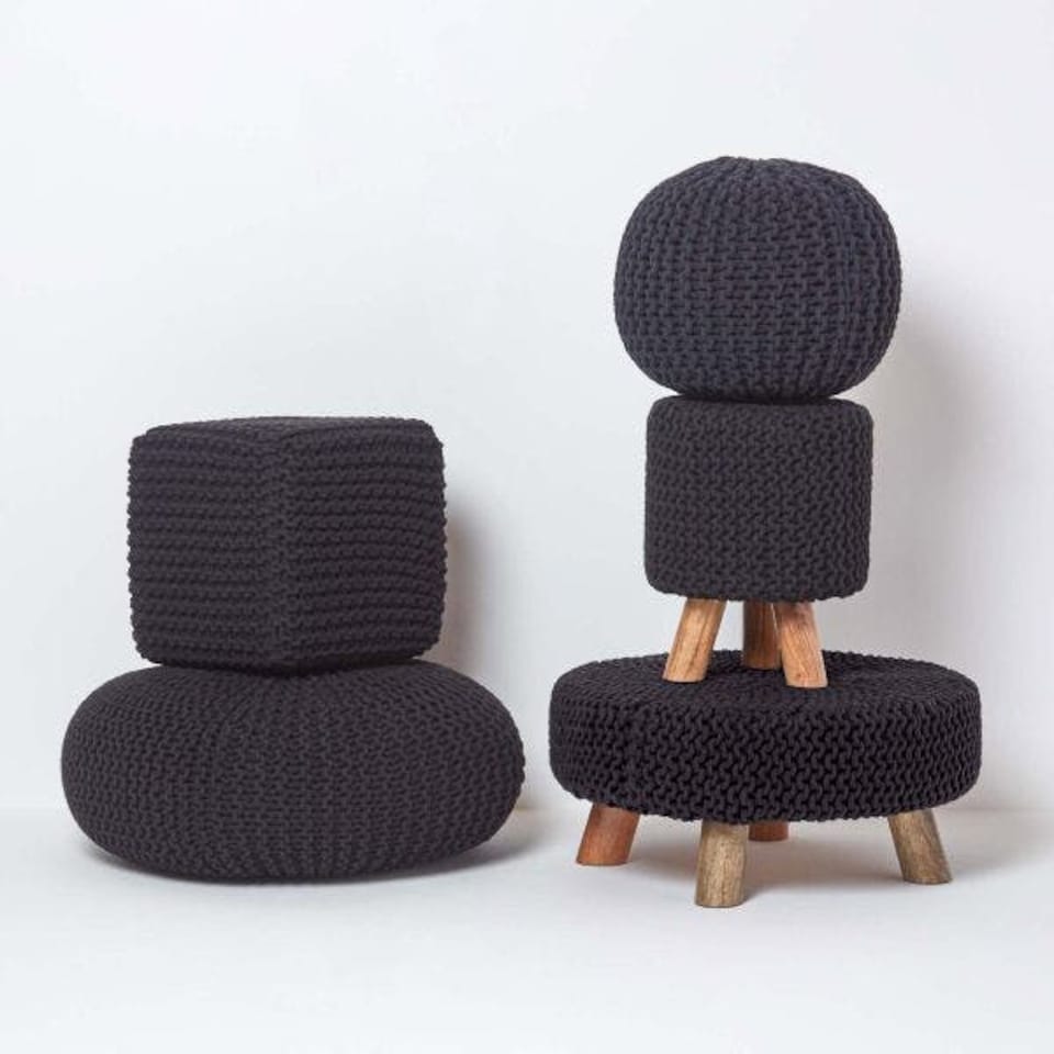 image 1 of Homescapes Black Large Round Cotton Knitted Footstool on Legs | Black | 62 x 62 x 30 cm
