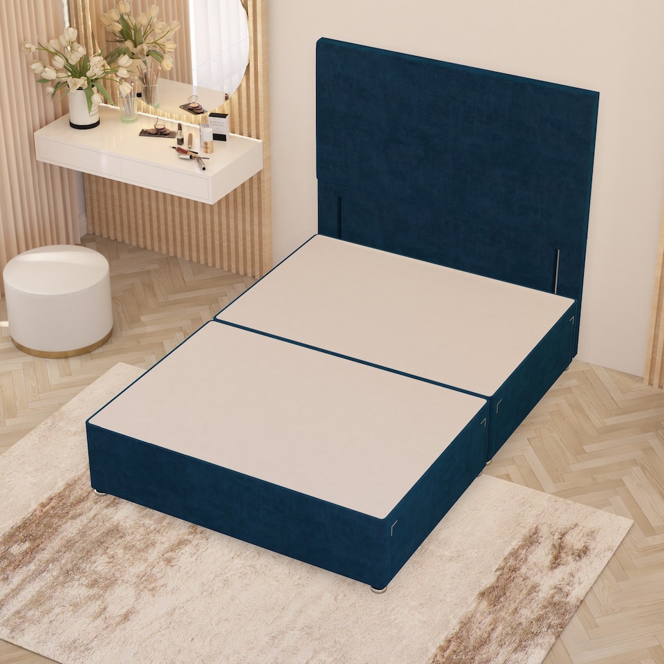 image 1 of Divan Bed Base with 2 Drawers & Plain Floor Standing Headboard Plush Velvet | Blue | Navy