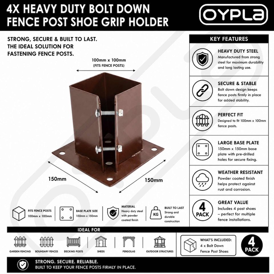 image 1 of 4x Heavy Duty Bolt Down Fence Post Shoe Grip Holder - 100 x 100mm | Brown | 4