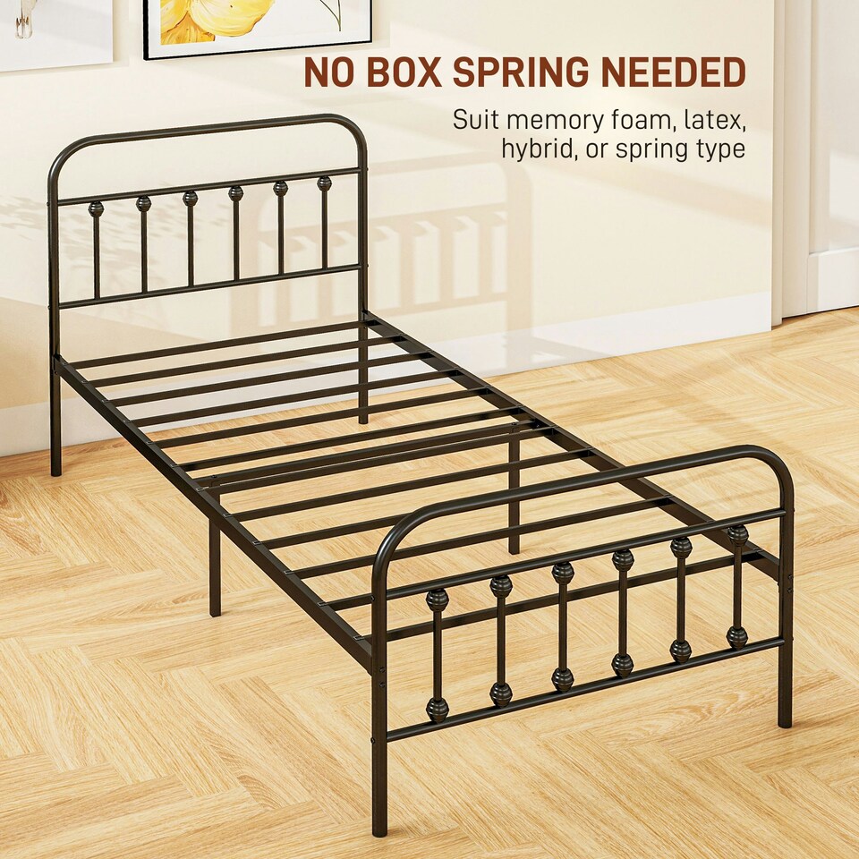 image 1 of HOMCOM 3ft Metal Single Platform Bed Frame w/ Underbed Storage Headboard Black