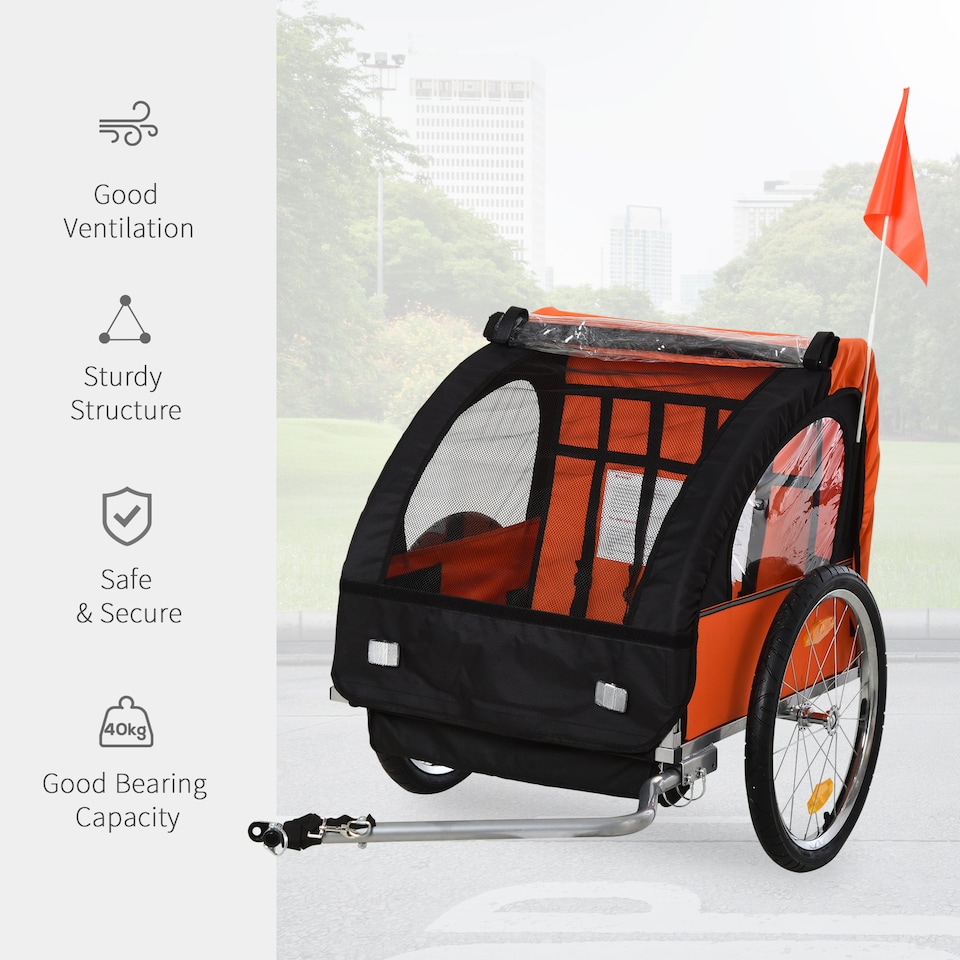 image 1 of HOMCOM 18m  2-Seat Child Bike Trailer for Kid w Steel Frame Seat Belt Orange