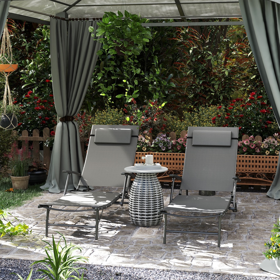 image 1 of Outsunny Set of 2 Folding Sun Loungers for Garden, 4 Positions Adjustable Outdoor Chaise Lounge Chairs with Armrests, Pillows, Steel Frame, Sunbed Recliners for Patio, Beach and Poolside, Grey | Grey | Grey