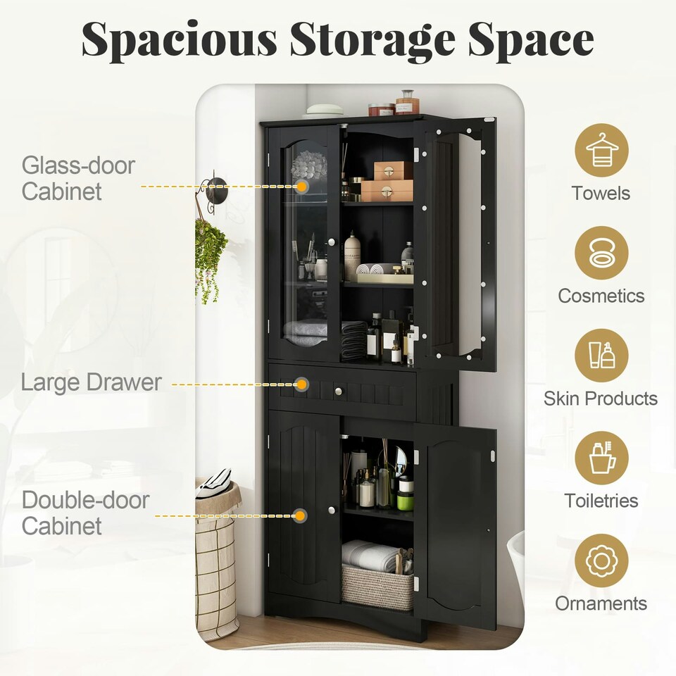 image 1 of COSTWAY 160cm Bathroom Storage Cabinet Freestanding Black Black