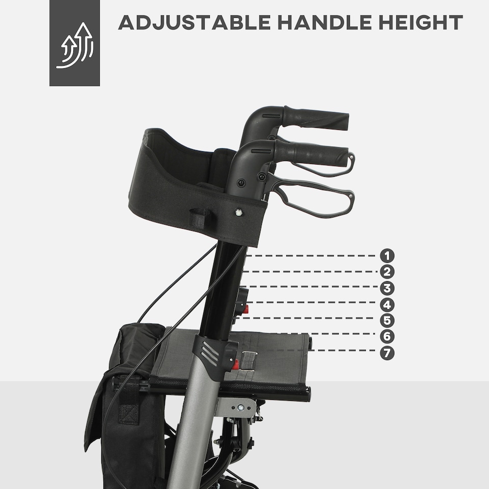 image 1 of HOMCOM 4 Wheel Rollator with Seat and Back, Folding Mobility Walker with Carry Bag, Adjustable Height, Dual Brakes, Cane Holder, Lightweight Aluminium Walking Frame for Seniors and Disabled, Silver