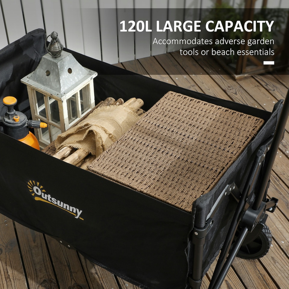 image 1 of Outsunny 120L Folding Collapsible Wagon with Adjustable Handle, Black