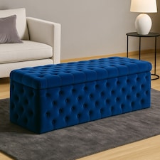 150cm Wide Lux Ottoman Storage Box, Sapphire Blue Velvet Upholstered Chesterfield Storage Ottoman Box