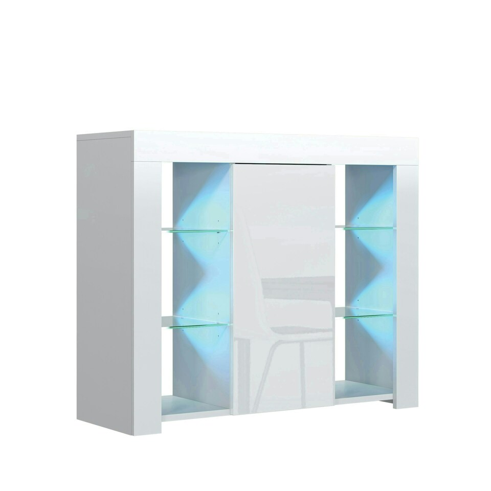 image 1 of Sideboard 97.5cm White Gloss Door White Matt Body Glass Shelves Free LED White