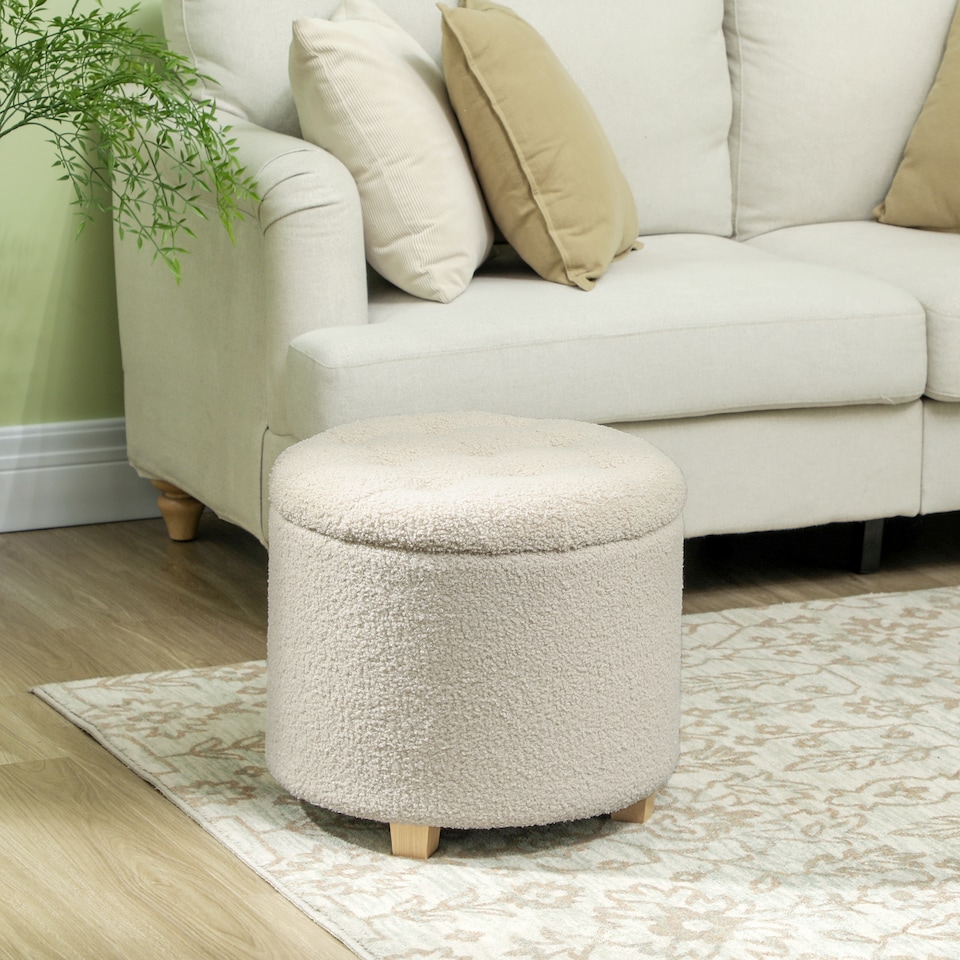 image 1 of HOMCOM 45cm Round Storage Ottoman, Teddy Fleece Footstool with Removable Lid and Wood Legs, Button Tufted Vanity Stool for Living Room Bedroom Hallway, Cream White | Cream