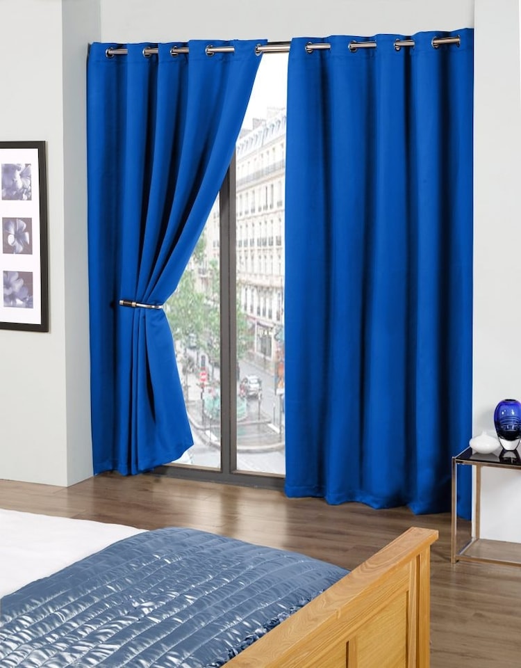 image 1 of Woven Thermal Blackout Eyelet Curtains Blue 168cm x 228cm | Blue | Blue