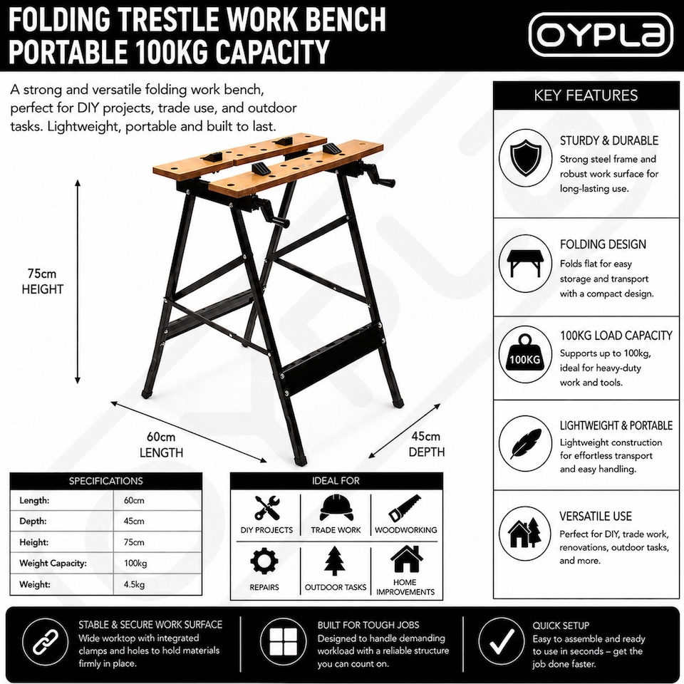 image 1 of Folding Foldable Trestle Work Bench Workbench Portable 100kg | Black