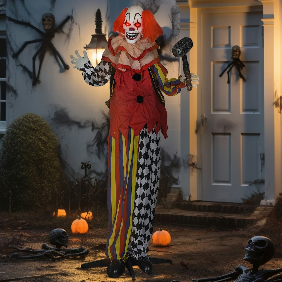 image 1 of Outsunny Sound Activated Halloween Animatronics Clown with Red Light Up Eyes