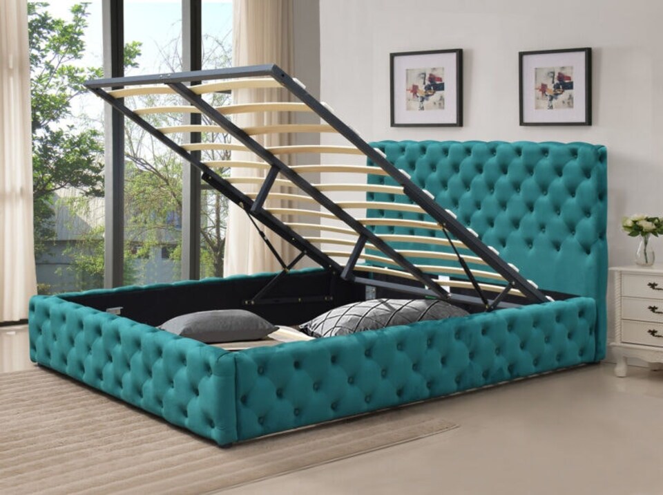 image 1 of 4ft6 Double Tufted Fabric Gas Lift Ottoman Bed Frame In Green