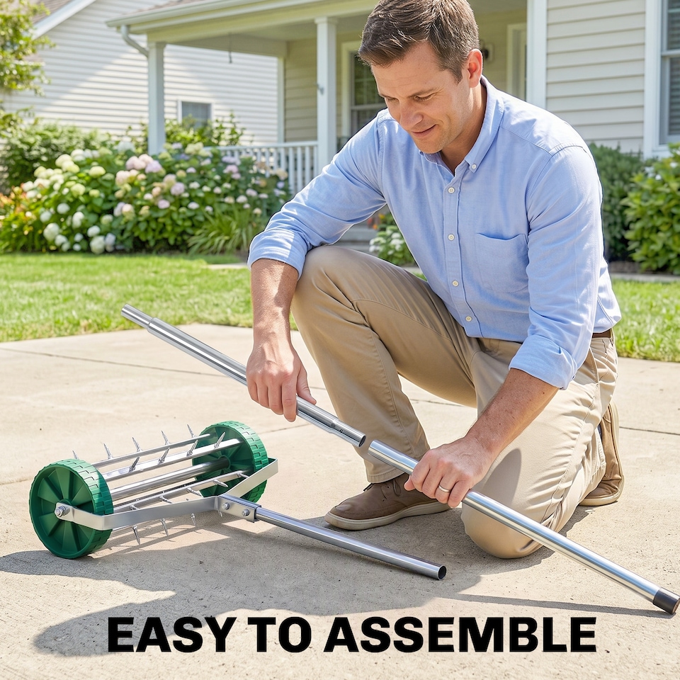 image 1 of Outsunny Lawn Aerator Outdoor Grass Care Heavy Duty Garden Roller Manual Handle | Green | Green