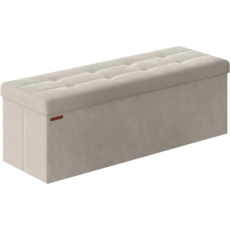 image 1 of Storage Ottoman with Extended Hidden Storage Space, Foldable Velvet Fabric Bench, 110 cm, Cream White