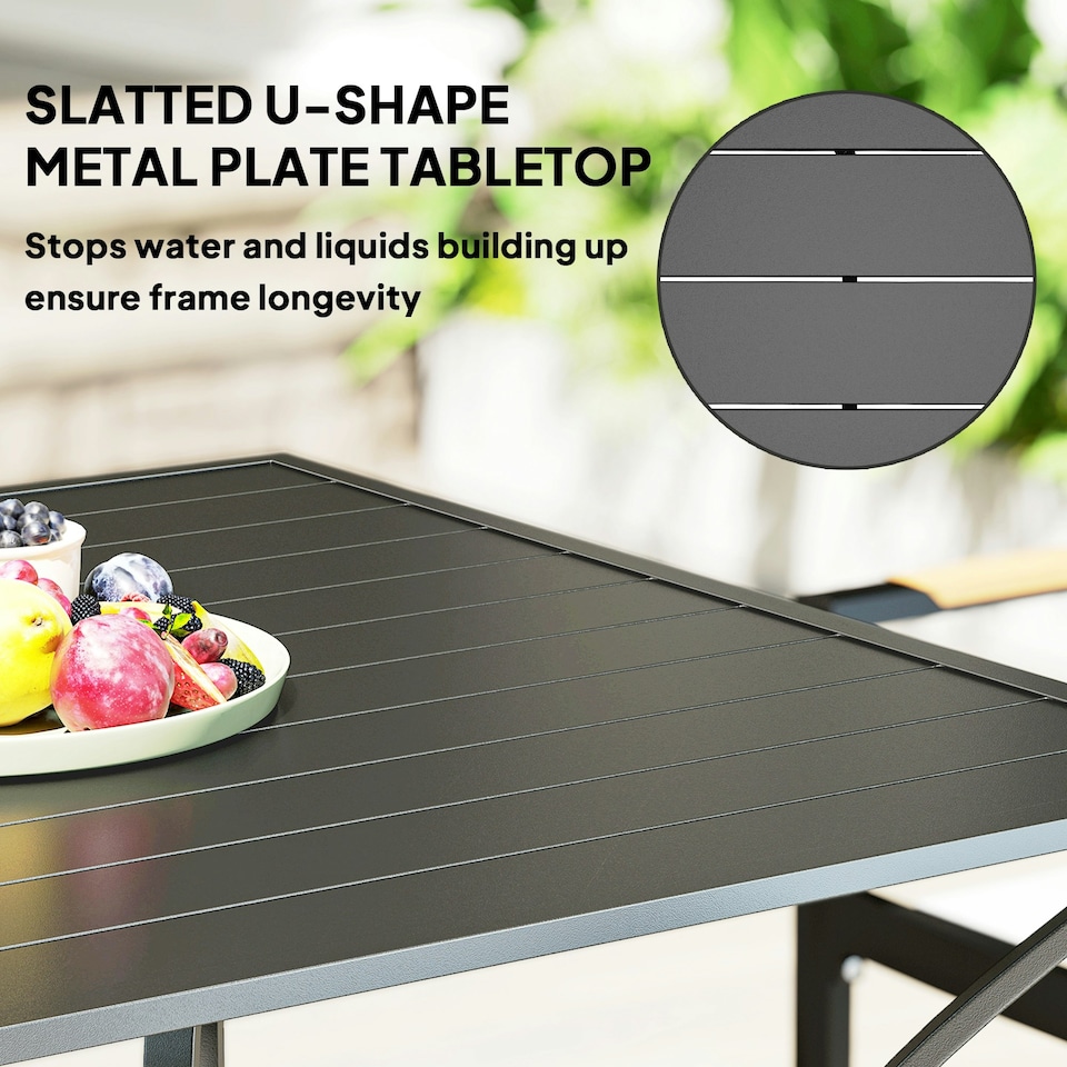 image 1 of Outsunny Garden Table with Parasol Hole for Four, Slatted Metal Plate Top Grey