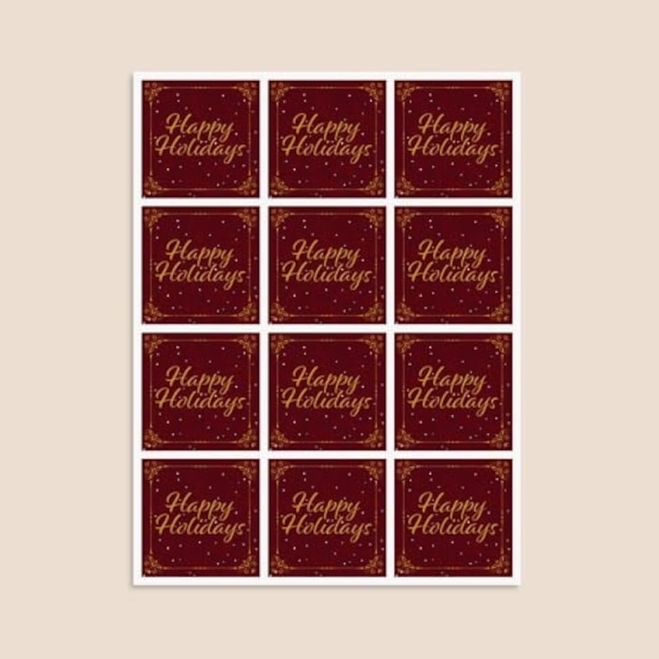 image 1 of Christmas Happy Holidays Burgundy Square Stickers 65mm - Sheet of 12