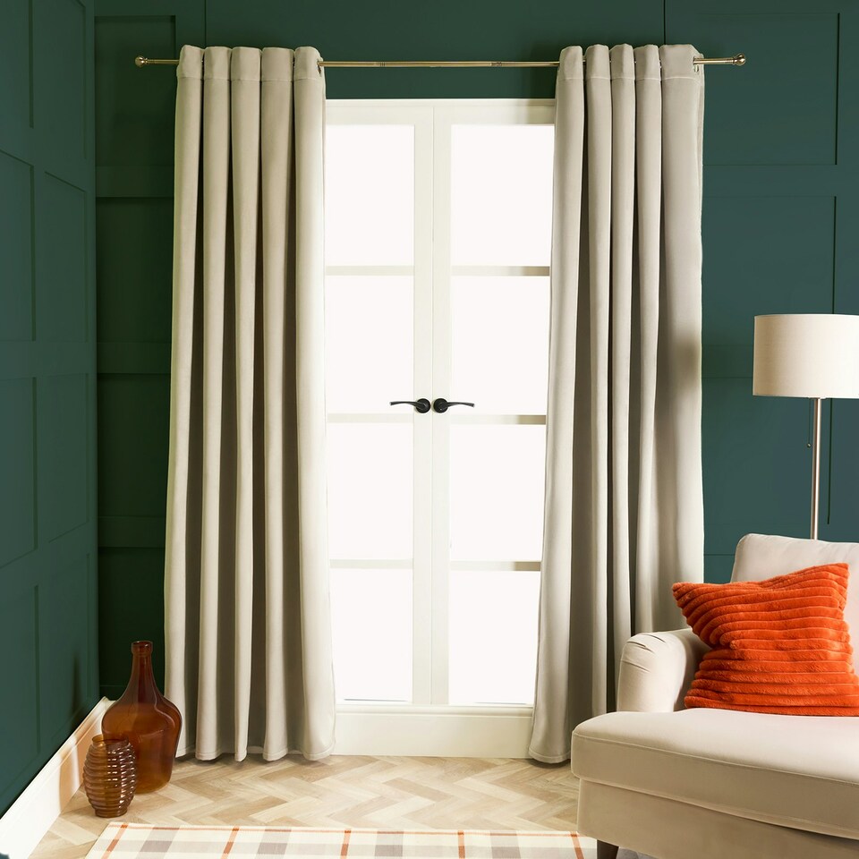 image 1 of OHS Soft Velvet Plain Dyed Thermal Insulated Panel Pair Eyelet Curtains, 66x90" Green | Woodland Green
