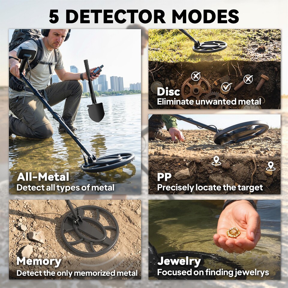 image 1 of Outsunny 5 Modes Metal Detector for Adults with IP68 Waterproof Search Coil | Black | Black, Orange | 53-119L x 18W x 37H cm