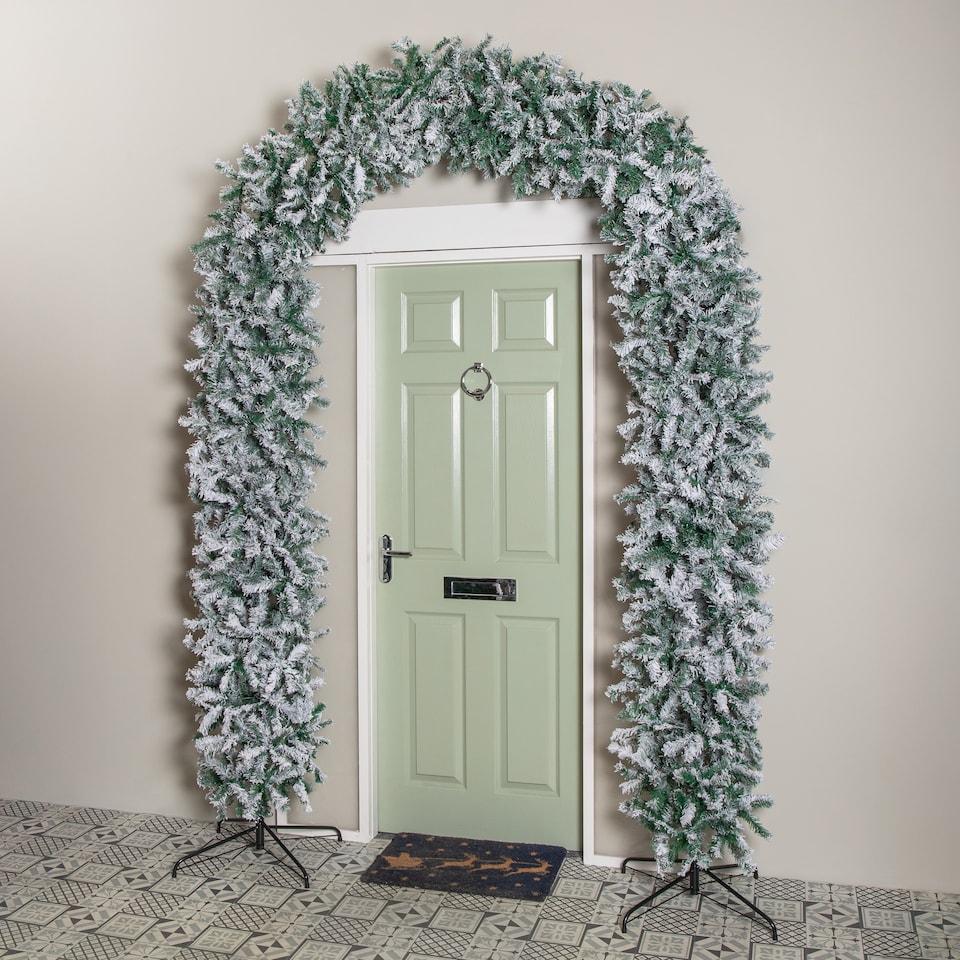 image 1 of 8ft (2.55m) Samuel Alexander Single Door Snow Flocked Christmas Tree Arch with 2000 Tips