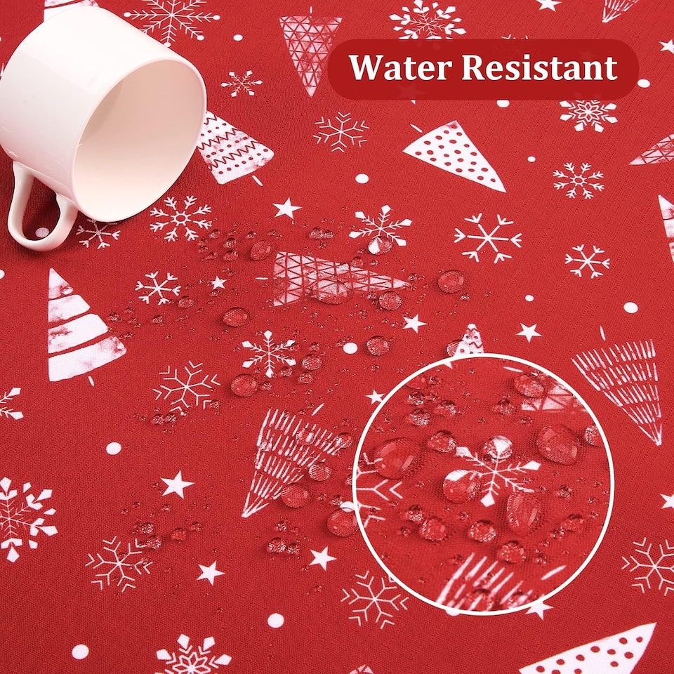 image 1 of London Boutique Round Christmas Tablecloth, Waterproof Wipe‑Clean, Snowflake and Tree Print, Red, 60 in