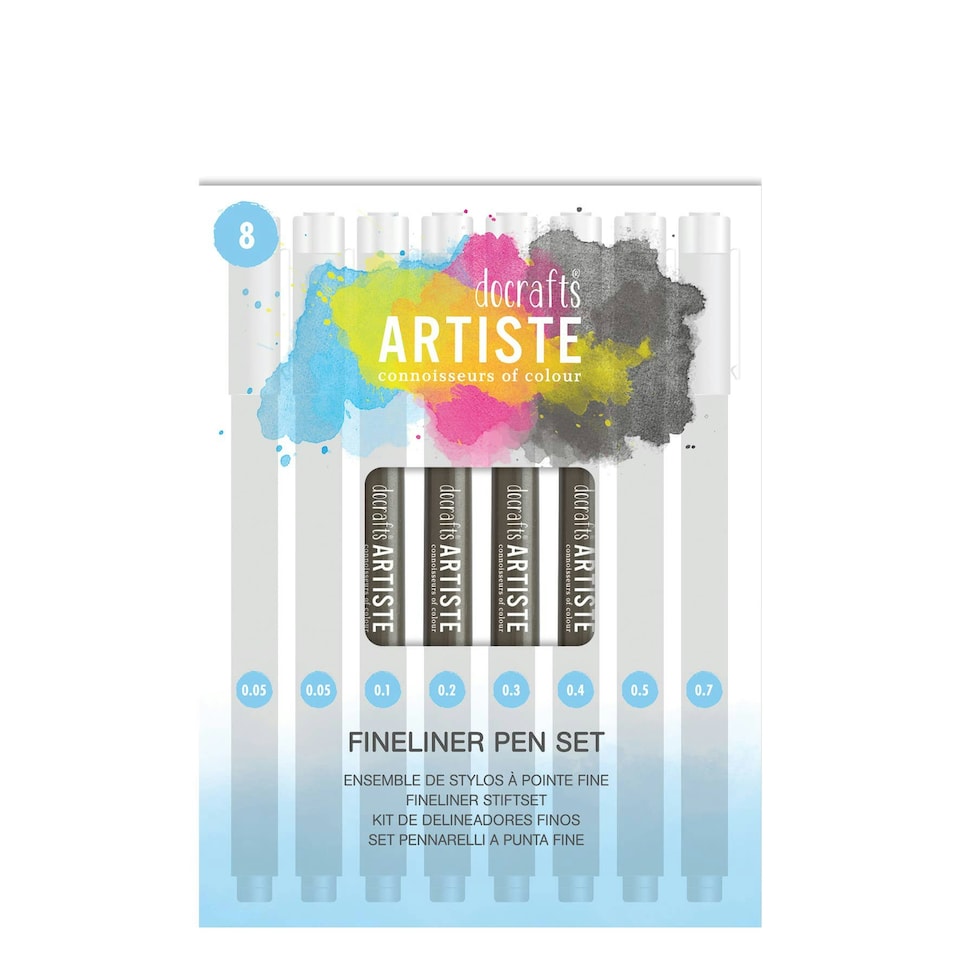 Artiste Fineliners, Black, Pack of 8, Nib size 0.05, 0.05 0.1, 0.2, 0.3, 0.4, 0.5, 0.7mm