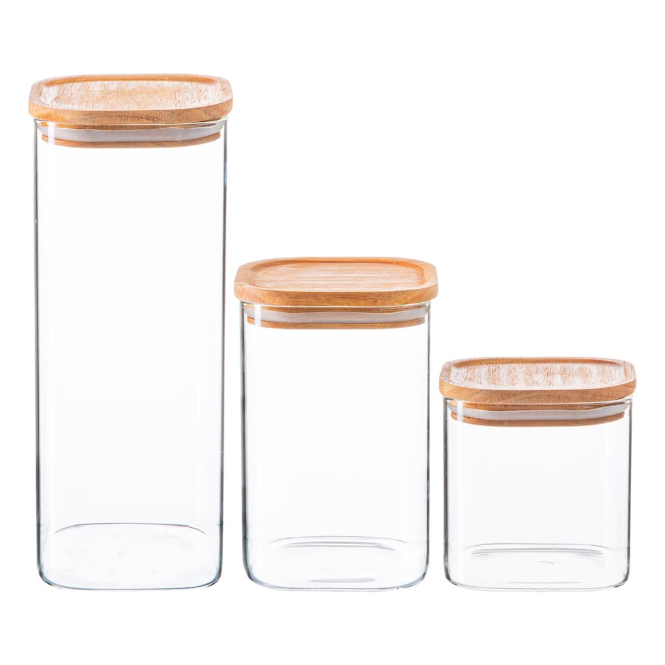 image 1 of Argon Tableware 3 Piece Square Glass Storage Jars Set with Wooden Lids