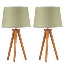 Set of 2 Dark Oak Table Lamp or Bedside Lights with Sage Green Shades | Brown | Green | Large | 2