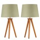 image 1 of Set of 2 Dark Oak Table Lamp or Bedside Lights with Sage Green Shades | Brown | Green | Large | 2