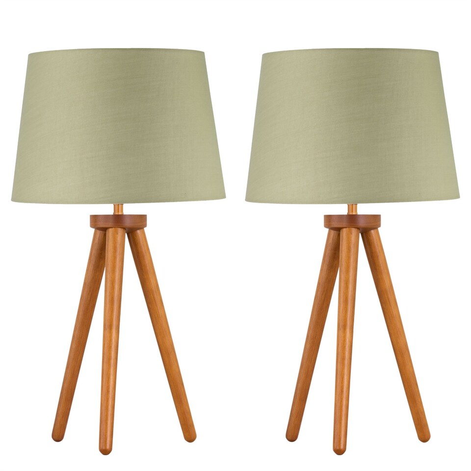 image 1 of Set of 2 Dark Oak Table Lamp or Bedside Lights with Sage Green Shades | Brown | Green | Large | 2