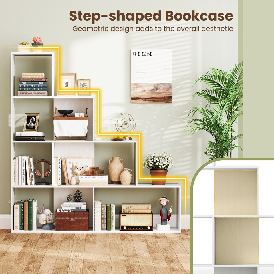 image 1 of COSTWAY 4 Tier Stepped Bookshelf Modern Ladder Bookcase 6 Storage Cubes White