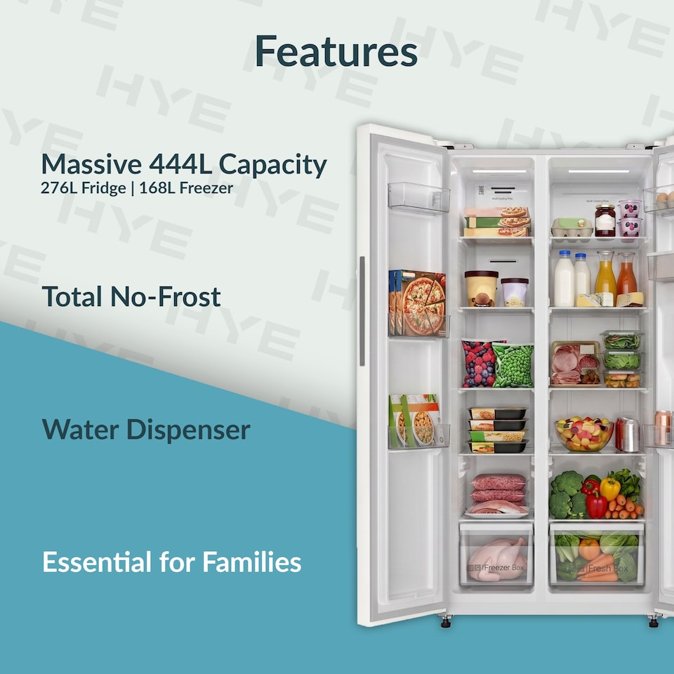 image 1 of HYE 444 Litre Frost Free American Fridge Freezer with Non-Plumbed Water Dispenser, 83cm, White - RF01AMWD460W03