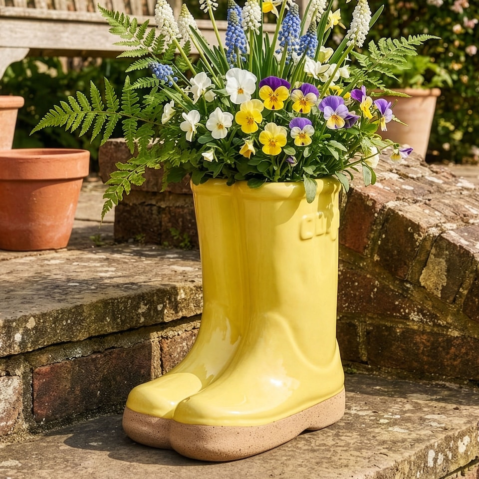 image 1 of Small Yellow Wellington Boot Indoor Outdoor Flower Pot Garden Planter H17 x W15cm | Yellow | Yellow