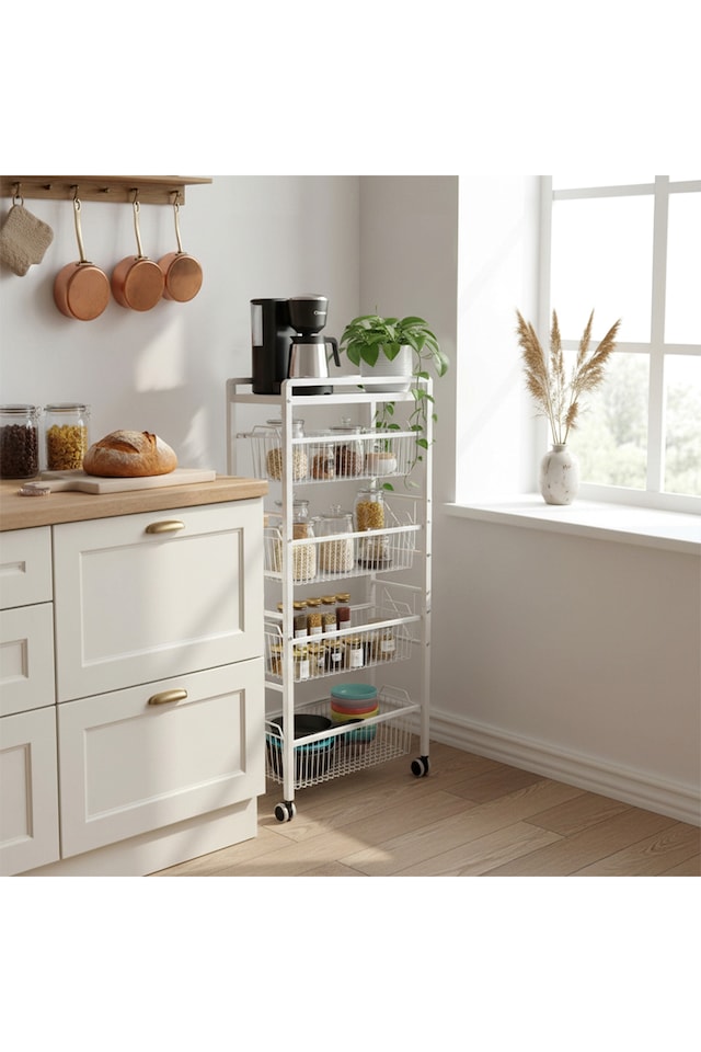 image 1 of Living and Home 5-Tier Kitchen Storage Trolley with Pull-Out Baskets, White | White | 5 Tier