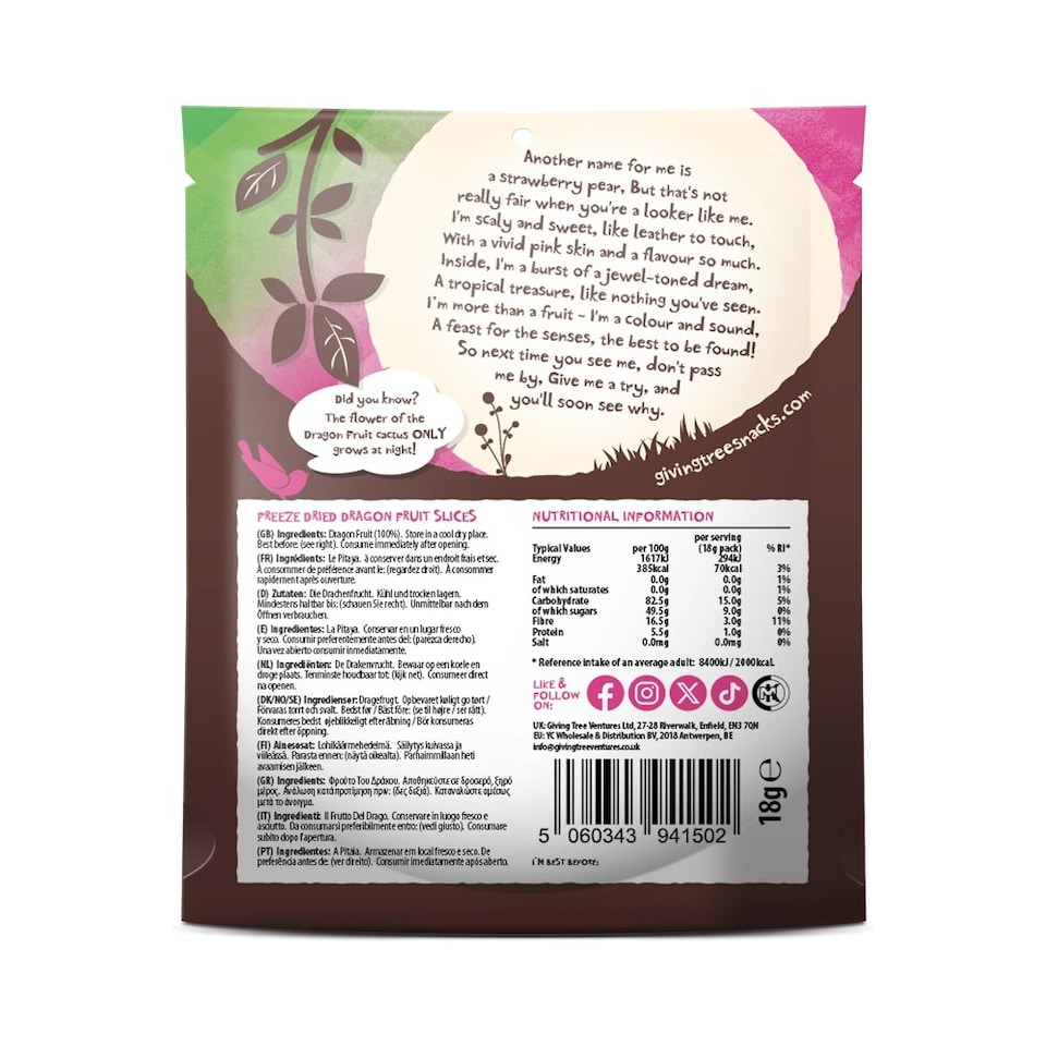 image 1 of The Giving Tree Freeze-Dried Dragon Fruit Crisps 18g