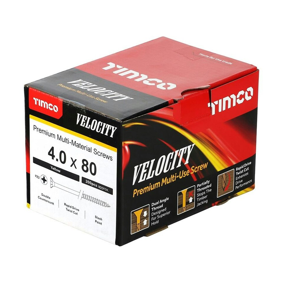 image 1 of Timco - Velocity Premium Multi-Use Screws - PZ - Double Countersunk - Yellow (Size 4.0 x 80 - 200 Pieces)