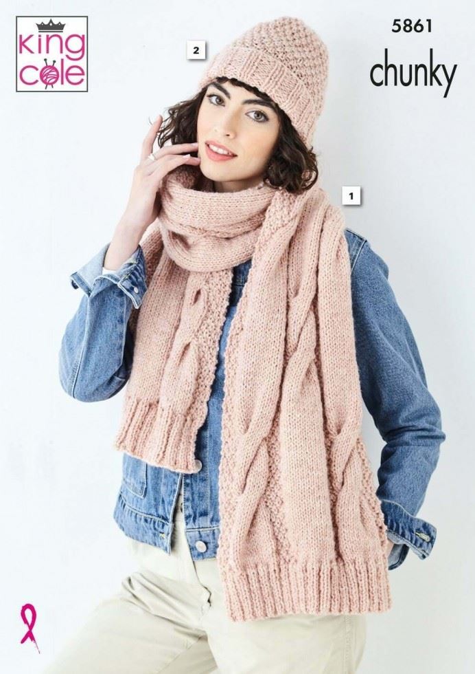 King Cole Big Value Chunky Knitting Pattern 5861, Headwear, Scarves and Wrist Warmers for Women - One Size