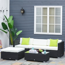 Outsunny 5 Pieces PE Rattan Garden Furniture Set with Cushions, Outdoor Corner Sofa, Patio Sectional Conversation Furniture Sets with Glass Top Coffee Table, Black