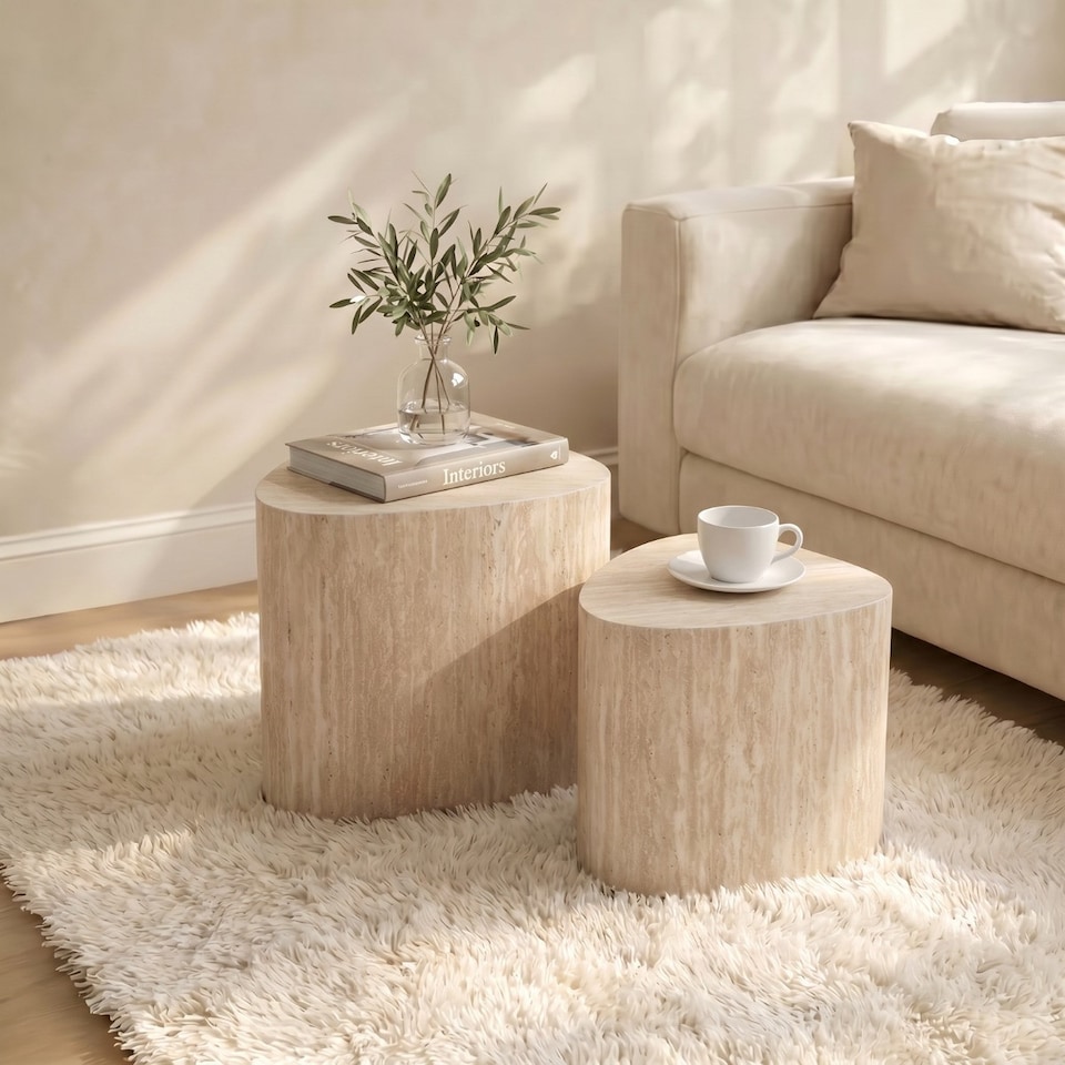 image 1 of OHS Travertine Effect Set of 2 Irregular Tables Side Coffee Table