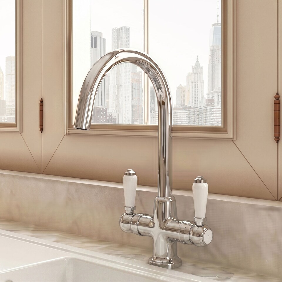 image 1 of Balterley Traditional Curved Spout Cruciform Two Lever Handle Sink Basin Mixer Tap | Silver | Chrome | 1