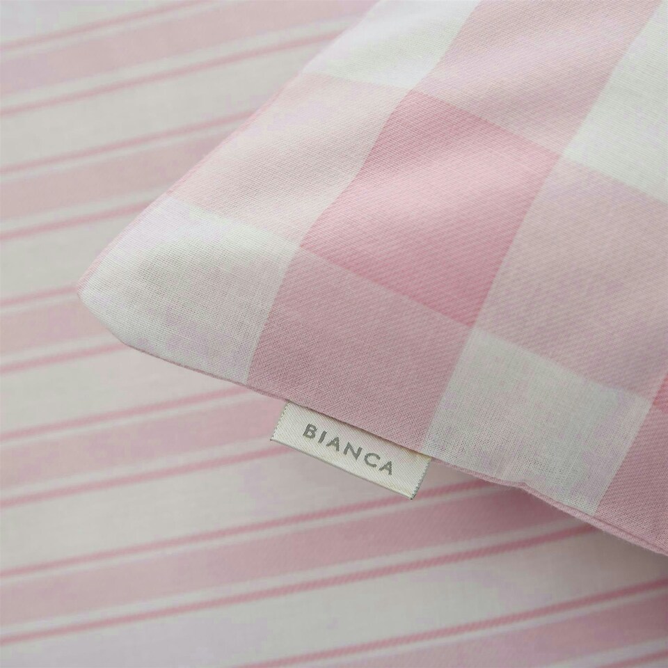 image 1 of Check and Stripe Cotton Reversible Duvet Cover Set | Pink