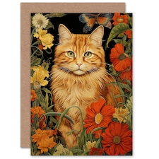 Cat Lover Ginger Tabby in Spring Flower Garden Floral Greeting Card