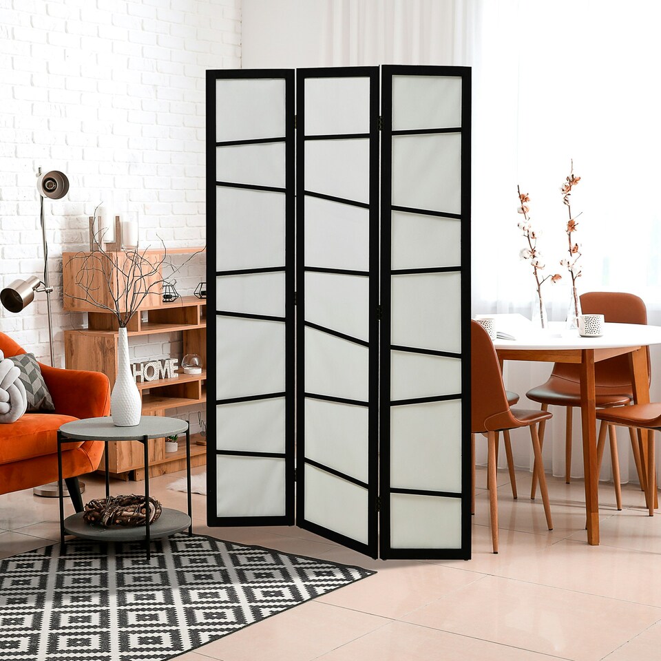 image 1 of HOMCOM Folding Room Divider 3 Panel Privacy Screen Protector with Wooden Frame White | Black | 120L x 1.8D x 170Hcm
